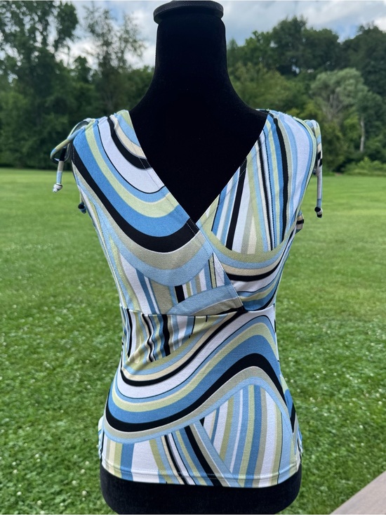 A. Byer Tops - 90s A. Byer One-Shoulder Striped Wrap Top in Blue, Green, Black